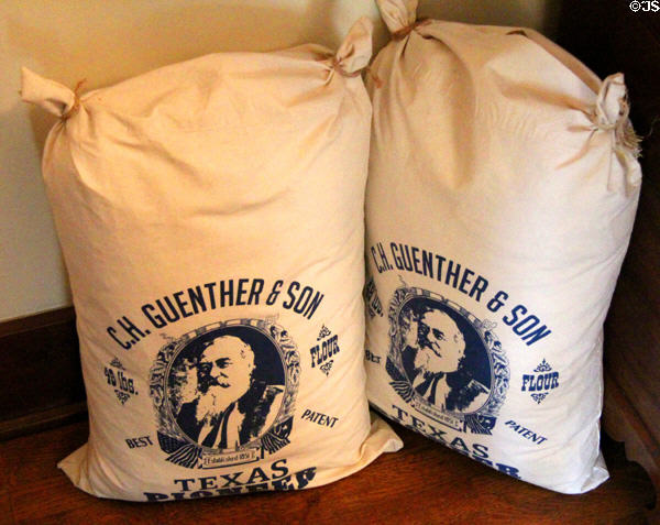 Flour sacks with images of mill founder Carl Hilmar Guenther at Guenther House Museum. San Antonio, TX.
