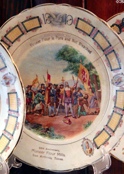 Pioneer Flour mills anniversary ceramic plate (1919) shows landing of Columbus at Guenther House Museum. San Antonio, TX.