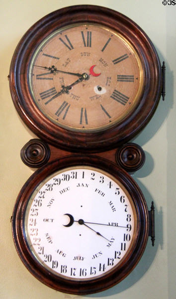 Dual dial "Ionic Calendar" clock (c1880s) by E. Ingraham & Co. of CT at Edward Steves Homestead Museum. San Antonio, TX.