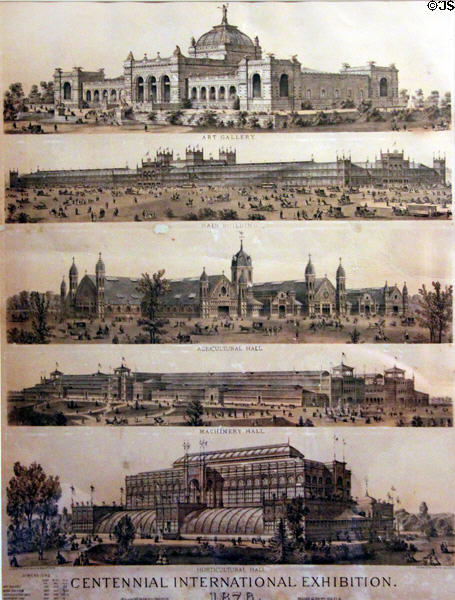 Centennial International Exhibition in Philadelphia poster (1876) brought back by Steves in central hall at Edward Steves Homestead Museum. San Antonio, TX.