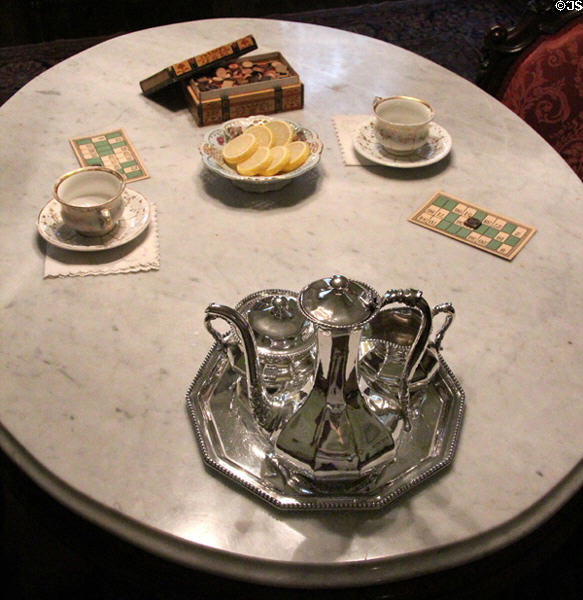 Coffee service on marble table at Edward Steves Homestead Museum. San Antonio, TX.
