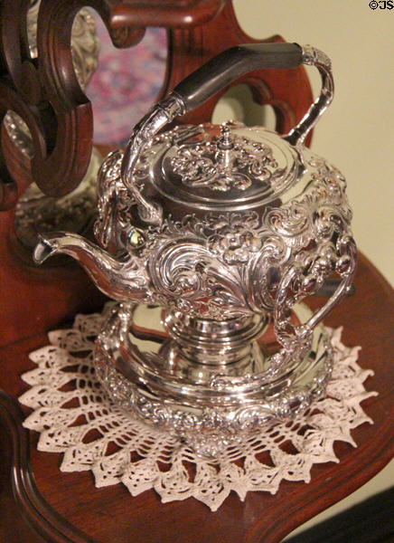 Silver tea kettle at Edward Steves Homestead Museum. San Antonio, TX.