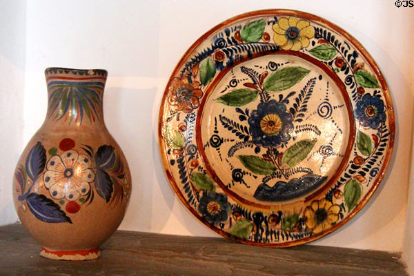 Painted ceramic pitcher & plate at Spanish Governor's Palace. San Antonio, TX.