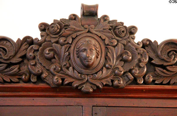 Carving detail of desk (2nd half 19th C) owned by Fernando Veramendi of San Antonio at Spanish Governor's Palace. San Antonio, TX.