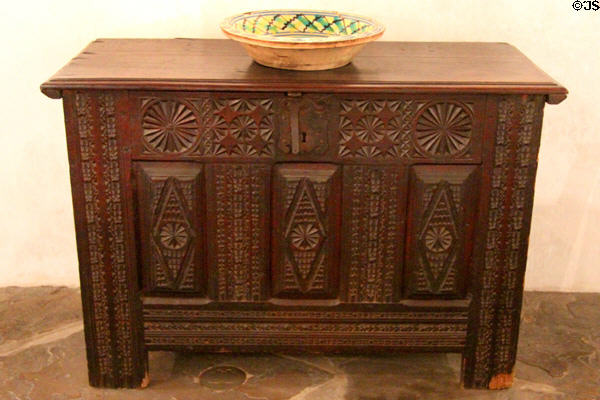 Spanish carved chest (18th C) at Spanish Governor's Palace. San Antonio, TX.