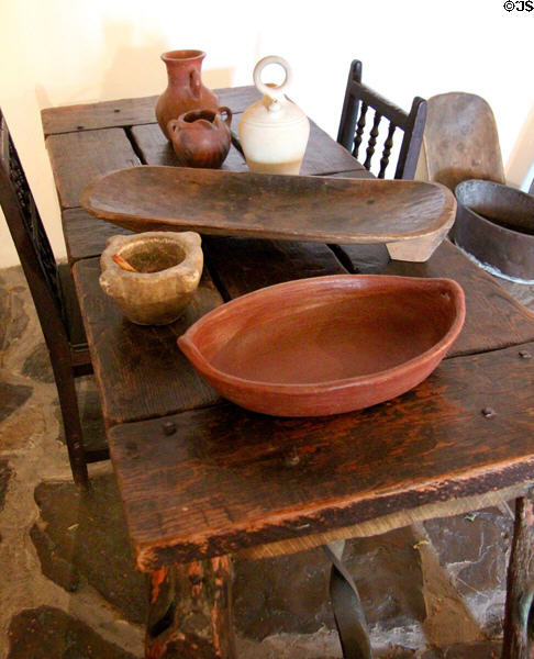 Vessels on kitchen table at Spanish Governor's Palace. San Antonio, TX.
