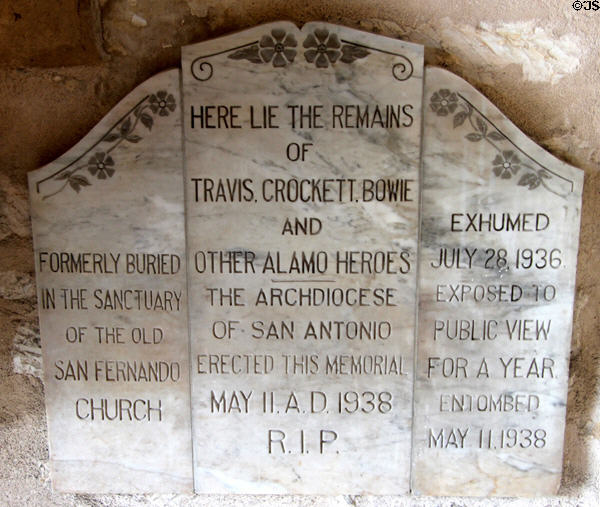 Tomb of Heroes of the Alamo reburied here in 1938 at San Fernando Cathedral. San Antonio, TX.