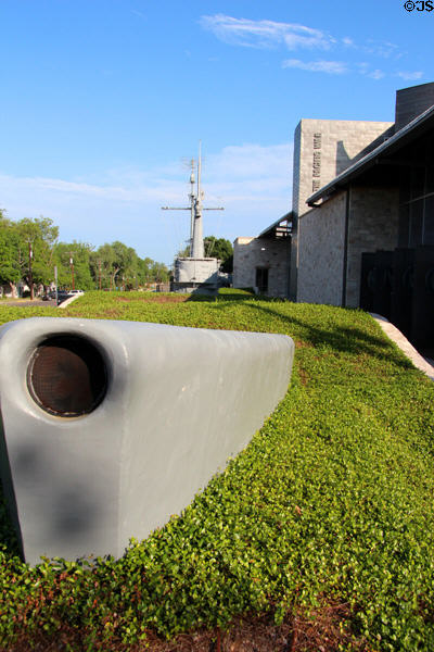 Outline of a WWII submarine in wavy landscape at George H.W. Bush Gallery building of National Museum of the Pacific War. Fredericksburg, TX.