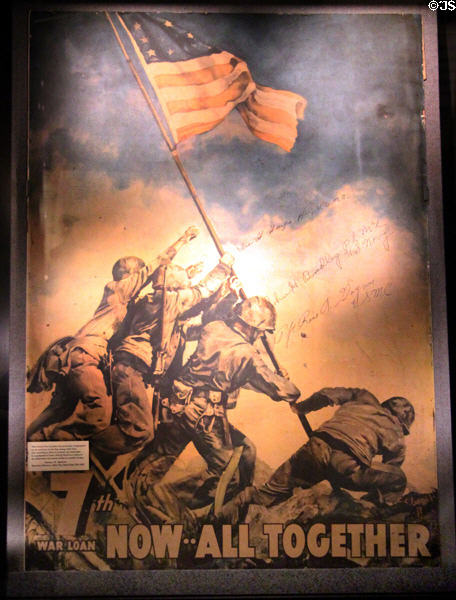 Autographed War Loan poster showing Americans raising flag on Iwo Jima at National Museum of the Pacific War. Fredericksburg, TX.