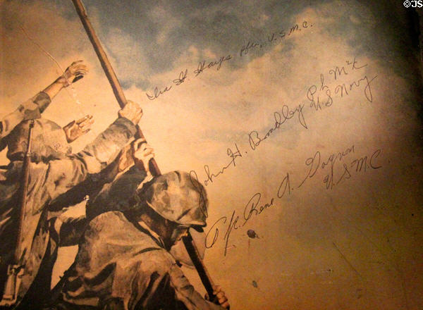 Signatures of U.S. marines & sailors who raised flag on Iwo Jima on War Loan poster at National Museum of the Pacific War. Fredericksburg, TX.