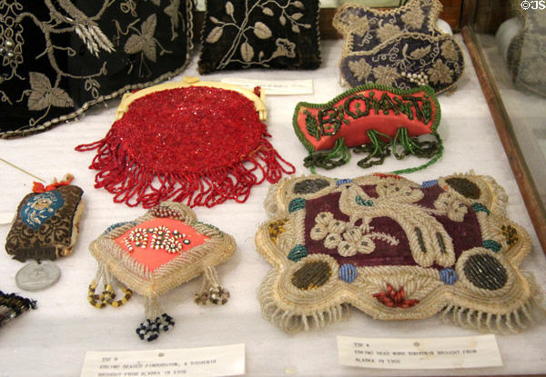 Beaded purses & two Eskimo-made pincushions from Alaska (1904) (in front) at Pioneer Museum. Fredericksburg, TX.