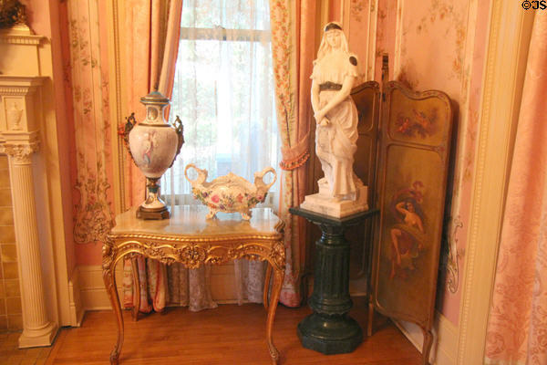 Decorative objects in pink parlor at McFaddin-Ward House. Beaumont, TX.