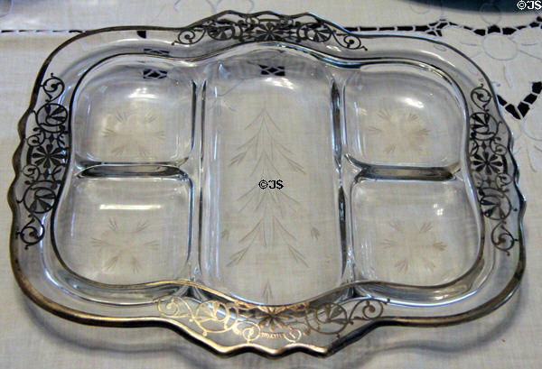 Glass serving dish on dining room table at Chambers House Museum. Beaumont, TX.