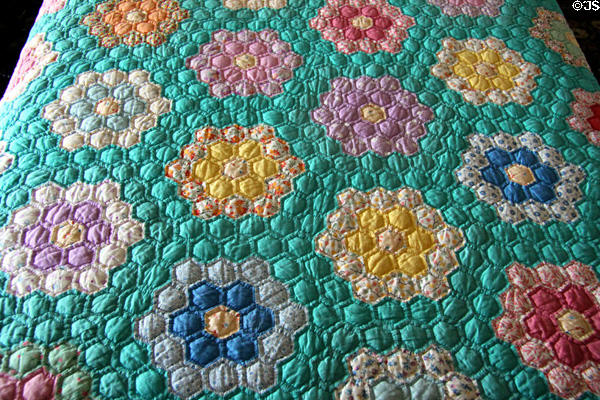 Detail of quilted bedspread, made by family, in elder Chambers' bedroom at Chambers House Museum. Beaumont, TX.