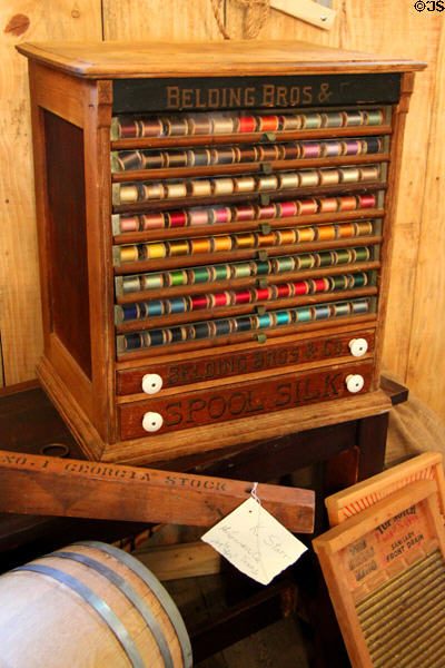 Case for sewing thread by Belding Bros. in Commissary at historic village of Mayborn Museum. Waco, TX.