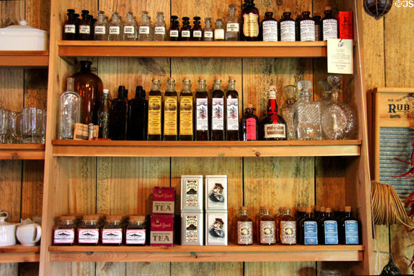 Medicines & bottled goods in Commissary at historic village of Mayborn Museum. Waco, TX.