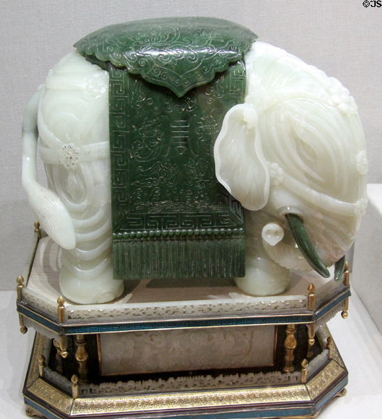 Qing dynasty carved jadeite elephant (late 19th - early 20thC) from China at Crow Collection of Asian Art. Dallas, TX.