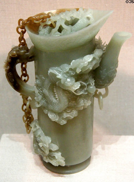 Qing dynasty carved jadeite ewer in shape of hat of highest-ranking Lamas (18thC) from China at Crow Collection of Asian Art. Dallas, TX.