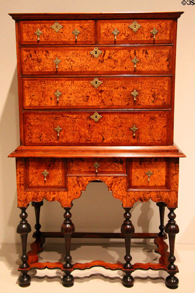 High chest of drawers (c1700-25) made in Boston, MA at Dallas Museum of Art. Dallas, TX.
