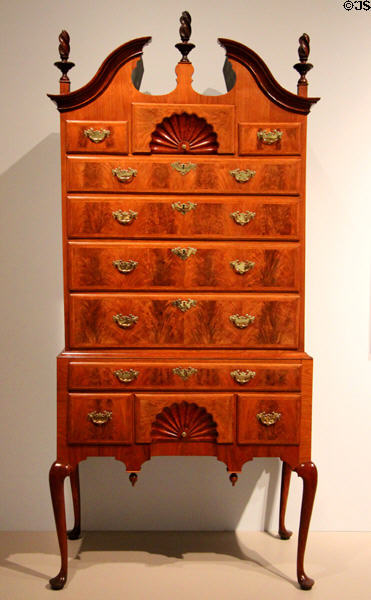 High chest of drawers (c1735-57) made in Ipswich or Salem, MA at Dallas Museum of Art. Dallas, TX.