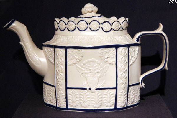 Salt-glazed stoneware "Castleford-type" teapot (c1800-20) from Yorkshire or Staffordshire, England at Dallas Museum of Art. Dallas, TX.