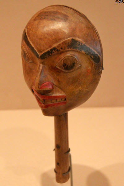 Head-form rattle (early-mid 19thC) by Haida culture of Queen Charlotte islands (Haida Gwaii), BC at Dallas Museum of Art. Dallas, TX.