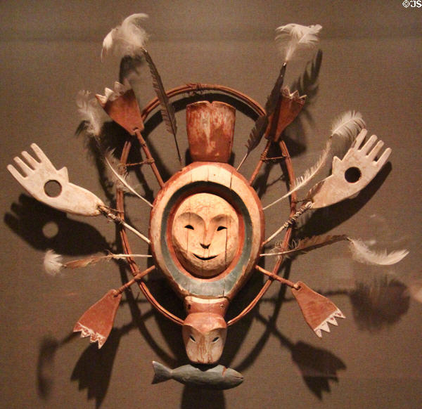 Inuit mask seal or sea otter spirit (19thC) by Yup'ik culture of Yukon River area of Alaska at Dallas Museum of Art. Dallas, TX.