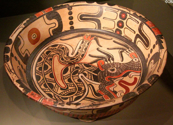 Ceramic tripod plate with plumed serpent (c900-1200) from Veracruz, Mexico at Dallas Museum of Art. Dallas, TX.
