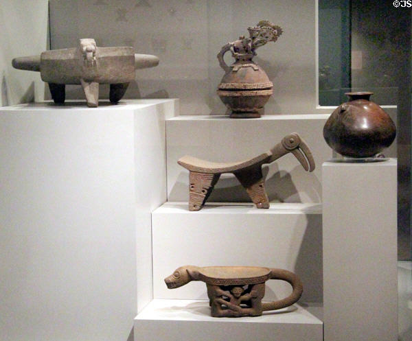 Collection of stone & ceramic vessels & grinding stones (metate) (300-1550) from Costa Rica at Dallas Museum of Art. Dallas, TX.