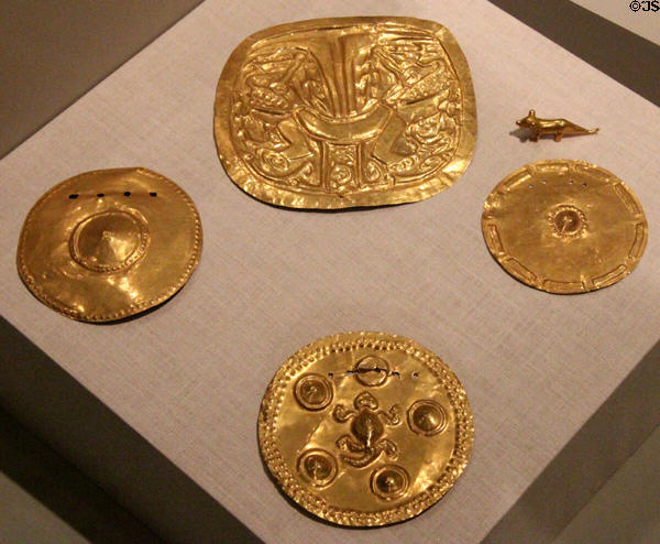 Gold circular plaques (700-1550) from Costa Rica & Panama at Dallas Museum of Art. Dallas, TX.