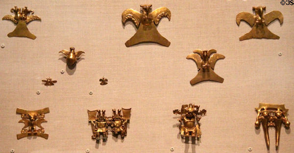 Gold pendants of birds & figures (700-1550) from Costa Rica & Panama at Dallas Museum of Art. Dallas, TX.