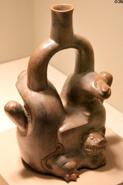 Ceramic Cupisnique-culture stirrup-spout vessel of felines & cacti (900-200 BCE) from north coast (Jequetepeque Valley?), Peru at Dallas Museum of Art. Dallas, TX.