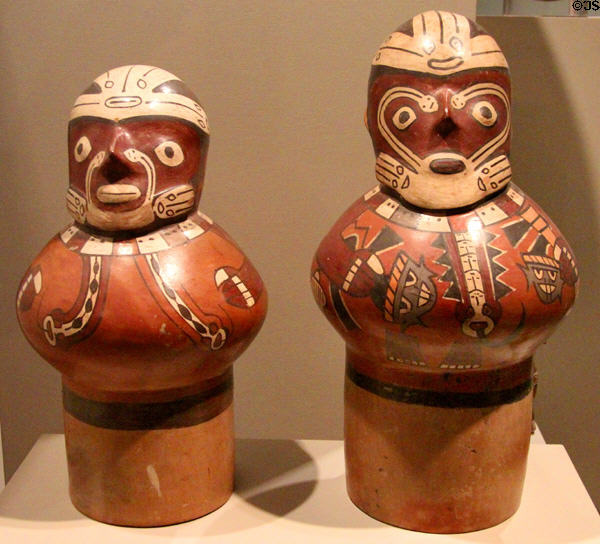 Ceramic Nazca-culture drums with anthropomorphic mythical beings (150-300) from south coast, Peru at Dallas Museum of Art. Dallas, TX.