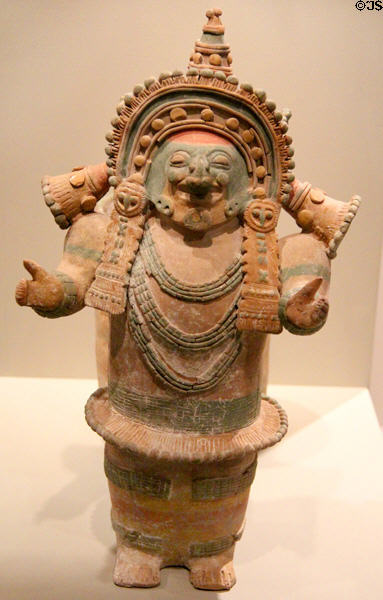 Ceramic Jama-Coaque-culture double-chambered vessel with standing figure (200-400) from Ecuador at Dallas Museum of Art. Dallas, TX.