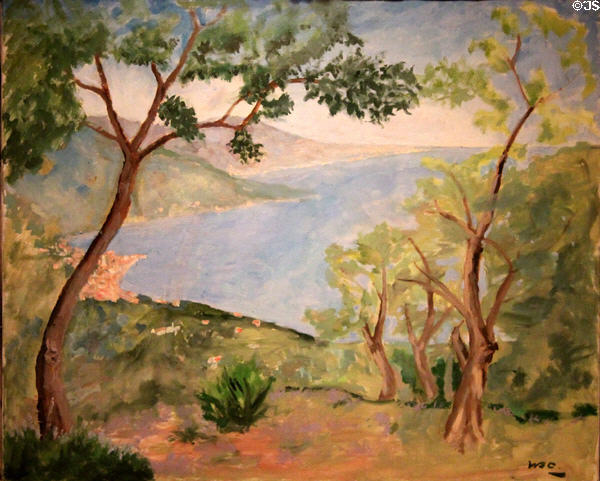 View of Menton & Italy from La Pausa painting (c1957) by Sir Winston Churchill in Reves Collection at Dallas Museum of Art. Dallas, TX.