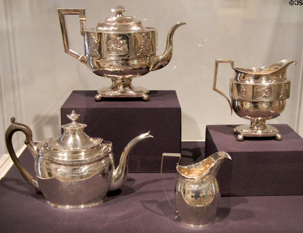 American silver teapots & creamers: above (c1815) by Hugh Wishart & below (c1795) by William Garret Forbes of New York City at Dallas Museum of Art. Dallas, TX.