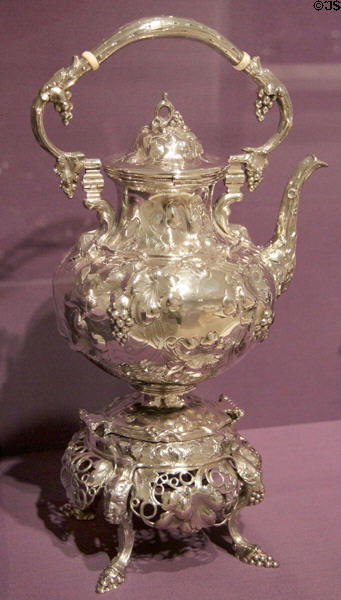 Silver water kettle (c1851) by John C. Moore of Mulford, Wendell & Co., Albany, NY at Dallas Museum of Art. Dallas, TX.