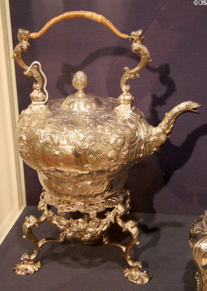 Silver water kettle on stand (1747) by Thomas Gilpin of England at Dallas Museum of Art. Dallas, TX.