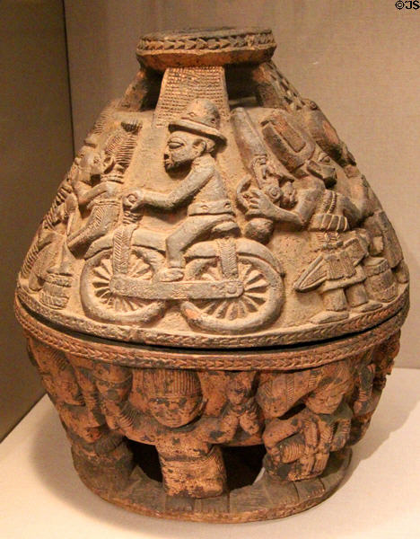 Wood bowl with lid & motorcycle decoration (1920-40) by Yoruba culture of Southwestern Nigeria at Dallas Museum of Art. Dallas, TX.