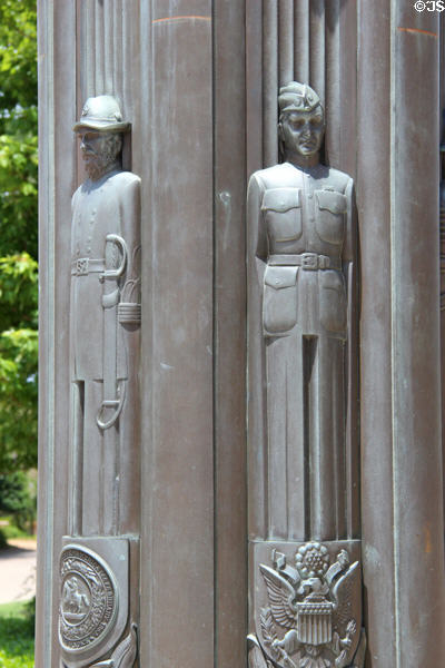 Confederate & early 20th C American soldiers at base of pole at Hall of State at Fair Park. Dallas, TX.