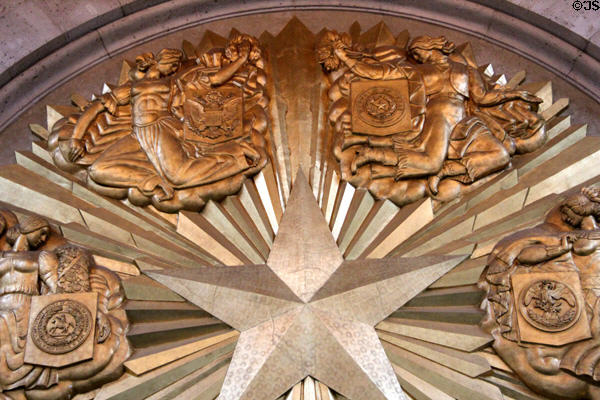 Symbols of USA & Republic of Texas on six flags gold medallion by Joseph E. Renier in Great Hall of State at Fair Park. Dallas, TX.