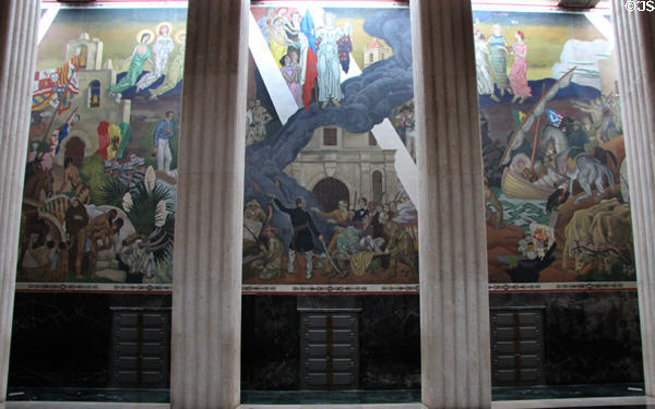 Texas History mural (1936) by Eugene Savage shows events from 1500s to 1936 with great beams of light dividing the time periods in Great Hall of State at Fair Park. Dallas, TX.