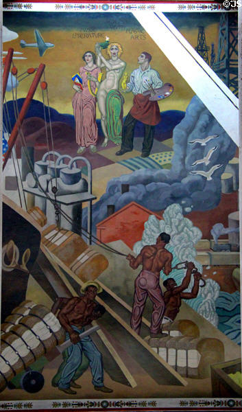 Arts, agriculture, cotton section of Texas History mural in Great Hall of State at Fair Park. Dallas, TX.