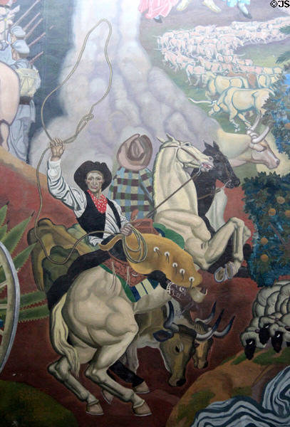 Cowboys story on Texas History mural in Great Hall of State at Fair Park. Dallas, TX.