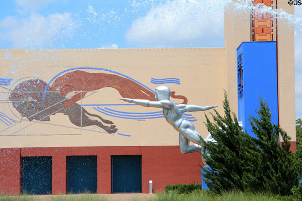Cougar & Bison mural, Tenor statue & Centennial Hall of Texas Centennial Exposition building (1936) at Fair Park. Dallas, TX.