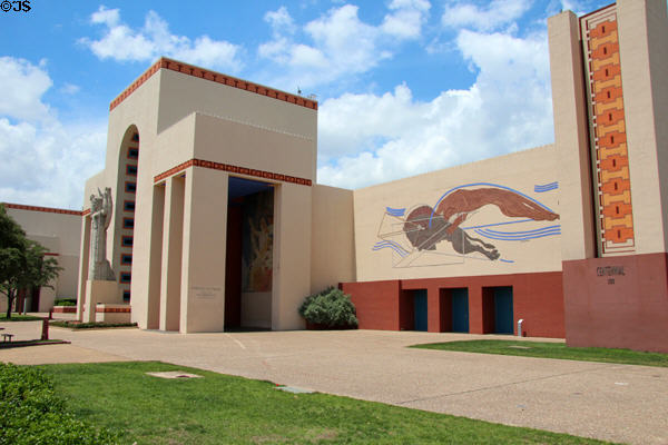 Centennial Hall with Cougar & Bison mural (1936) at Fair Park. Dallas, TX.