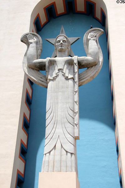 Texas six flags Art Deco statue (1936) by Lawrence Tenney Stevens at Centennial Hall at Fair Park. Dallas, TX.
