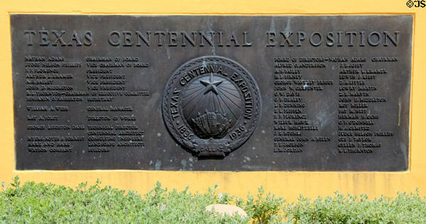 Texas Centennial Exposition plaque (1936) at Fair Park. Dallas, TX.