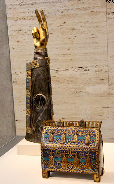 Reliquary arm (c1150-1200) from Liège? & casket (c1200-20) from Limoges at Kimbell Art Museum. Fort Worth, TX.