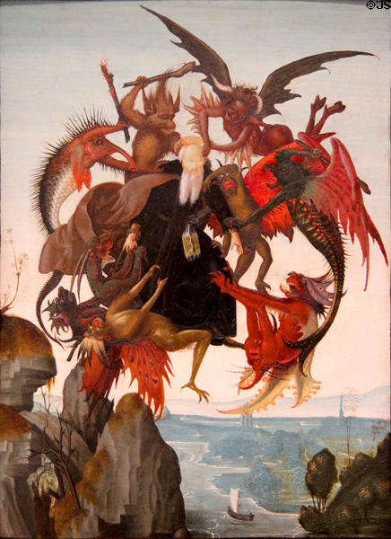 Torment of St Anthony painting (c1487-8) by Michelangelo Buonarroti at Kimbell Art Museum. Fort Worth, TX.